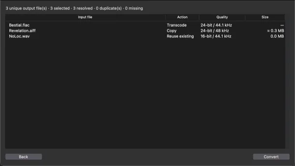 Conversion preview listing three tracks as transcode, copy, or reuse with bit depth, sample rate, and size