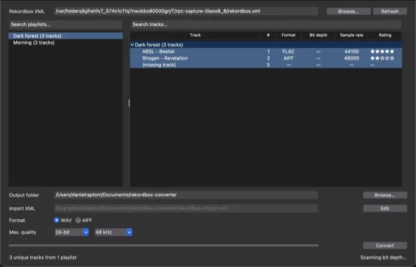Simple Rekordbox Converter main window with a Rekordbox XML loaded, Dark forest playlist selected, and WAV output settings