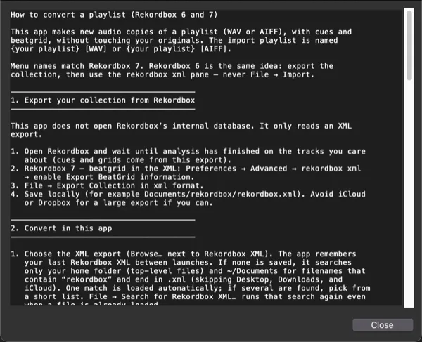 In-app How to Use guide covering Rekordbox XML export and the warning not to use File → Import